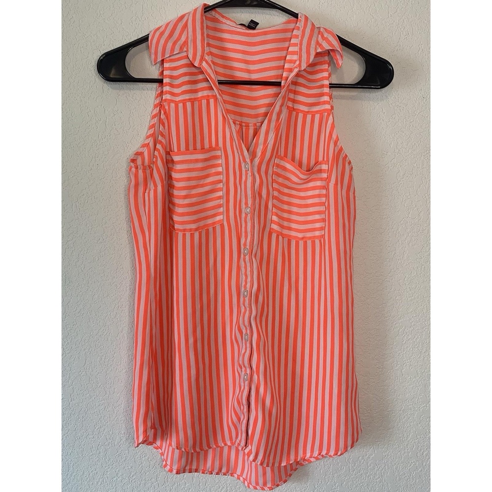 Express Women's Neon Orange Sleeveless Striped Button-Down Shirt Size S
